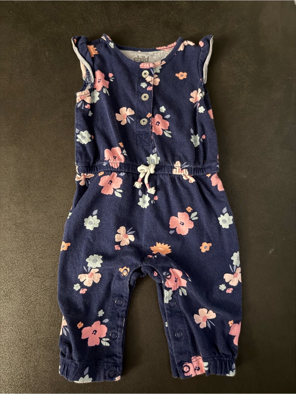 Child of Mindr Navy Floral Romper with Pink & Light Blue Flowers